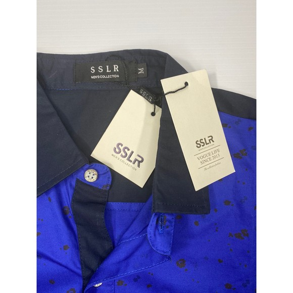 SSLR Mens Dress Shirt Casual Cotton Print Blue Short Sleeve Button Up Shirt Med - Picture 3 of 10